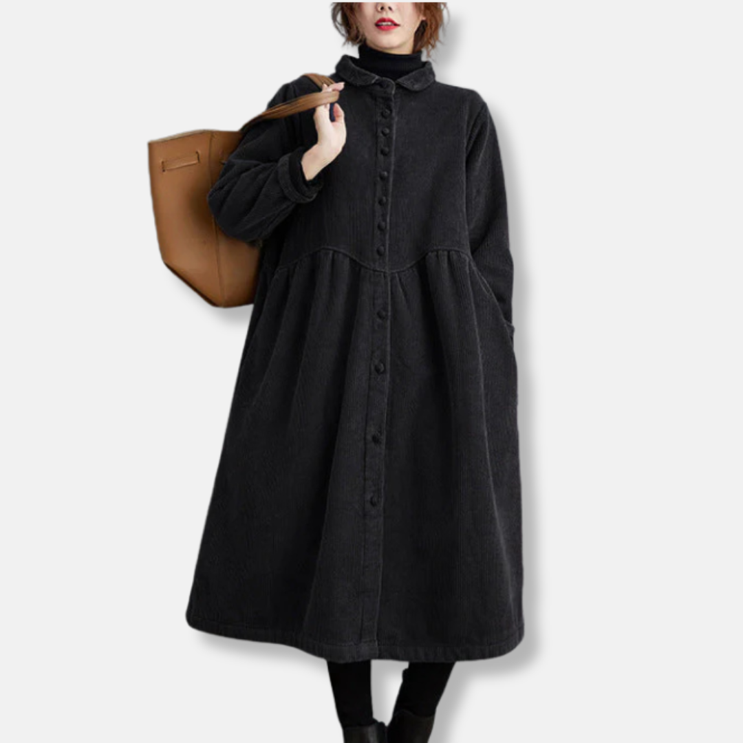 Drune | Lange Jacke Cord A-Linie Lockere Passform Hoher Kragen Midi Knopfverschluss