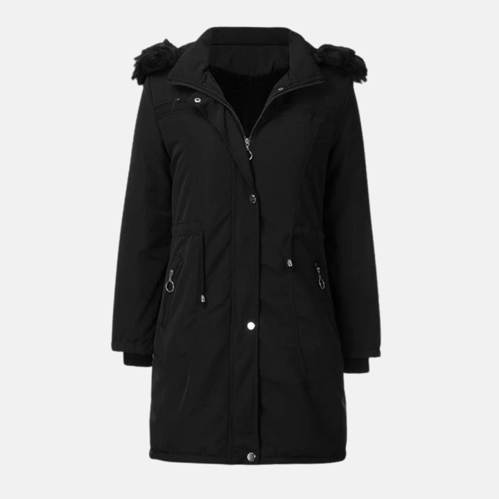 Drune | Lange Gepolsterte Jacke Gerader Schnitt Kapuze mit Kunstpelz Wasserabweisend Verstellbare Taille Reißverschluss mit Druckknöpfen mittellang