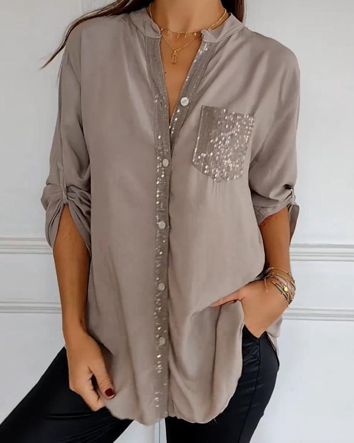 Drune - Schicke Bluse mit Knopfleiste und Paillettenbesatz für Damen | Elegante Langarmbluse mit Paillettentasche