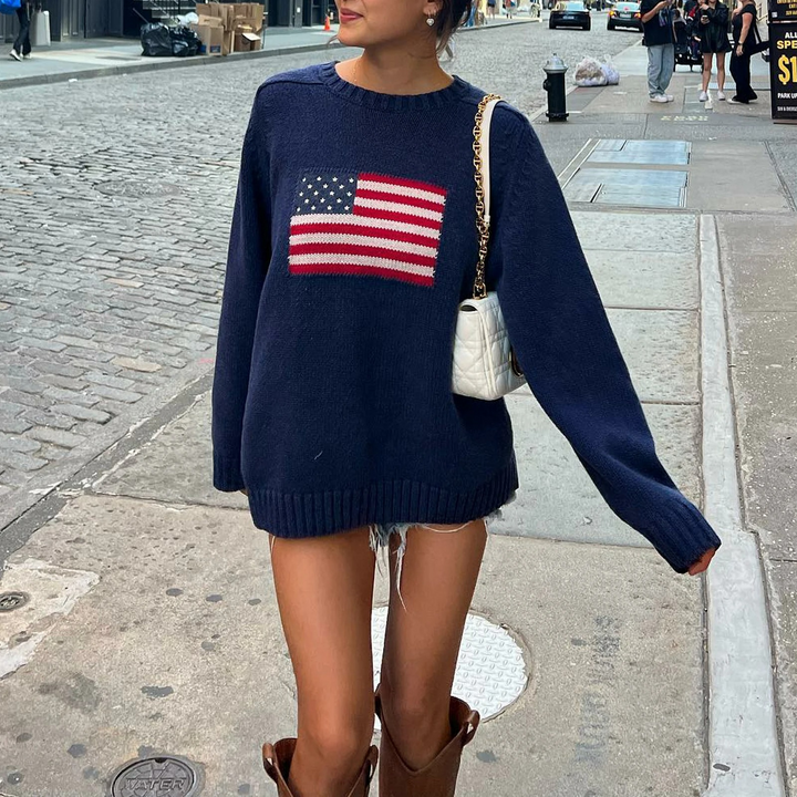 Drune | Damen Pullover mit Flaggen-Motiv - Strick Sweater im Retro-Look für Herbst & Streetstyle