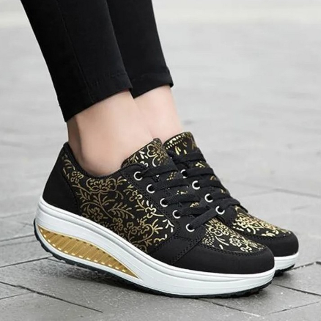 Drune | Schwarze Leder Orthopädische Damen Sneakers Mit Blumenmuster