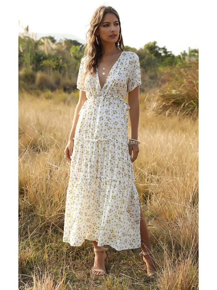 Drune | Sommer Blumenmuster Rüschen Boho Maxi Kleid