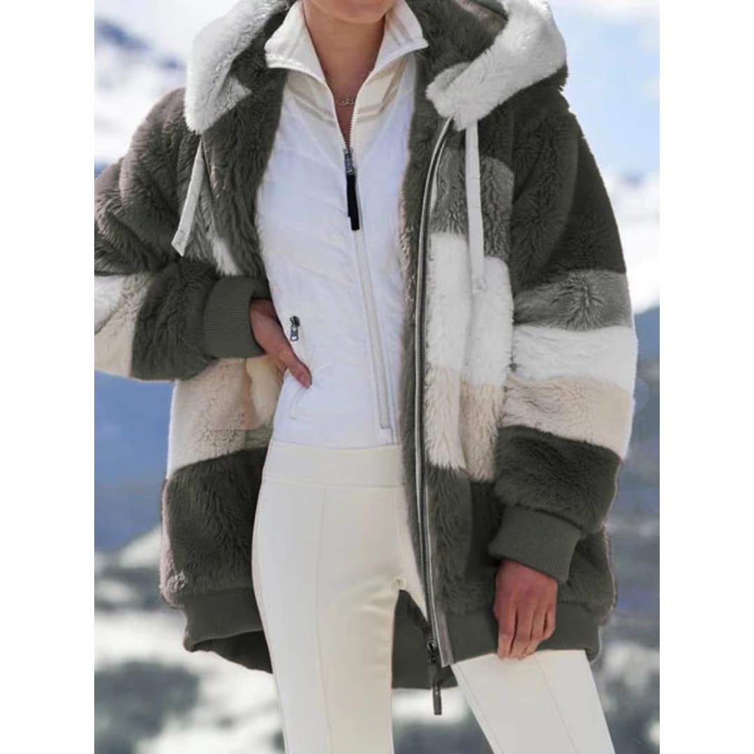Drune | Damen Casual Faux Fur Jacke mit Reißverschlusstaschen Kapuze Herbst Winter