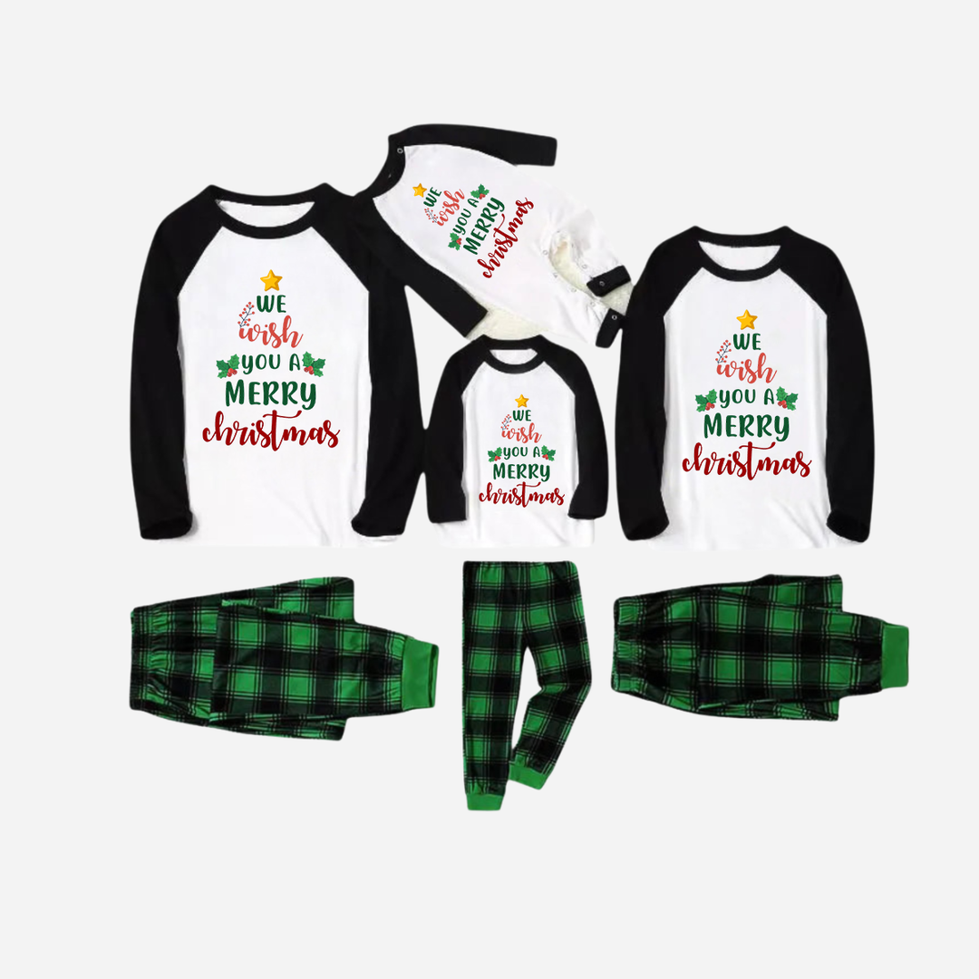 Drune | Schwarzes Raglan-Oberteil Grüner Karierter Weihnachts-Pyjama-Set Mit "We Wish You a Merry Christmas" Textdruck