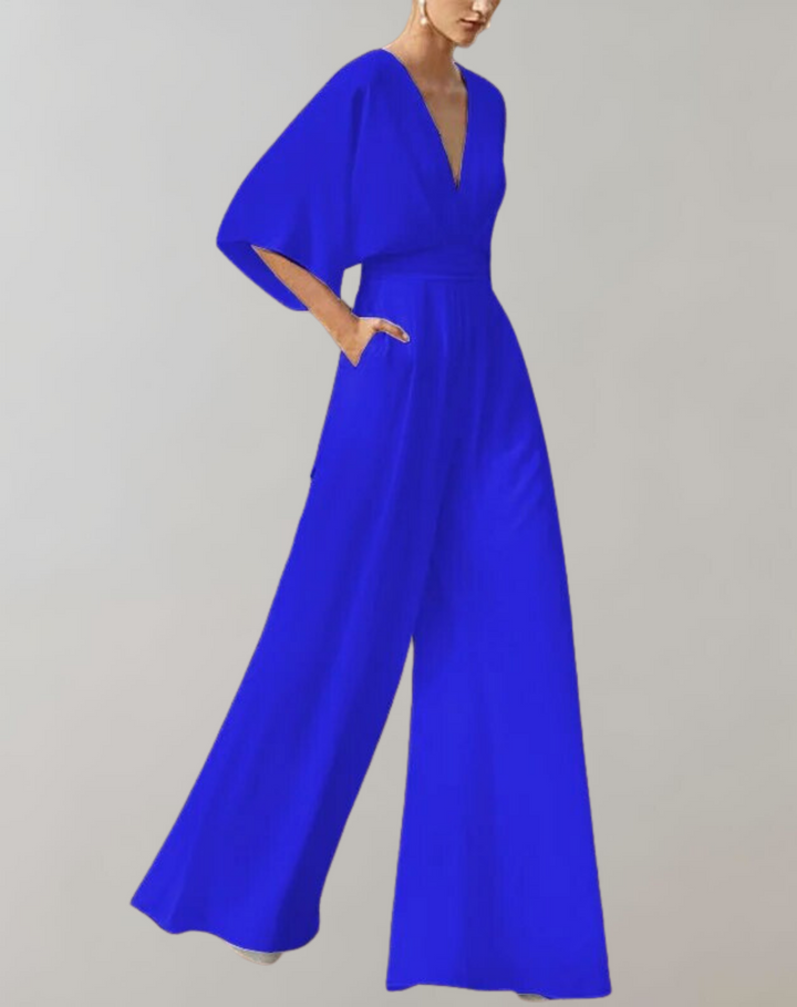 Drune Damen Jumpsuit mit V-Ausschnitt und weitem Bein