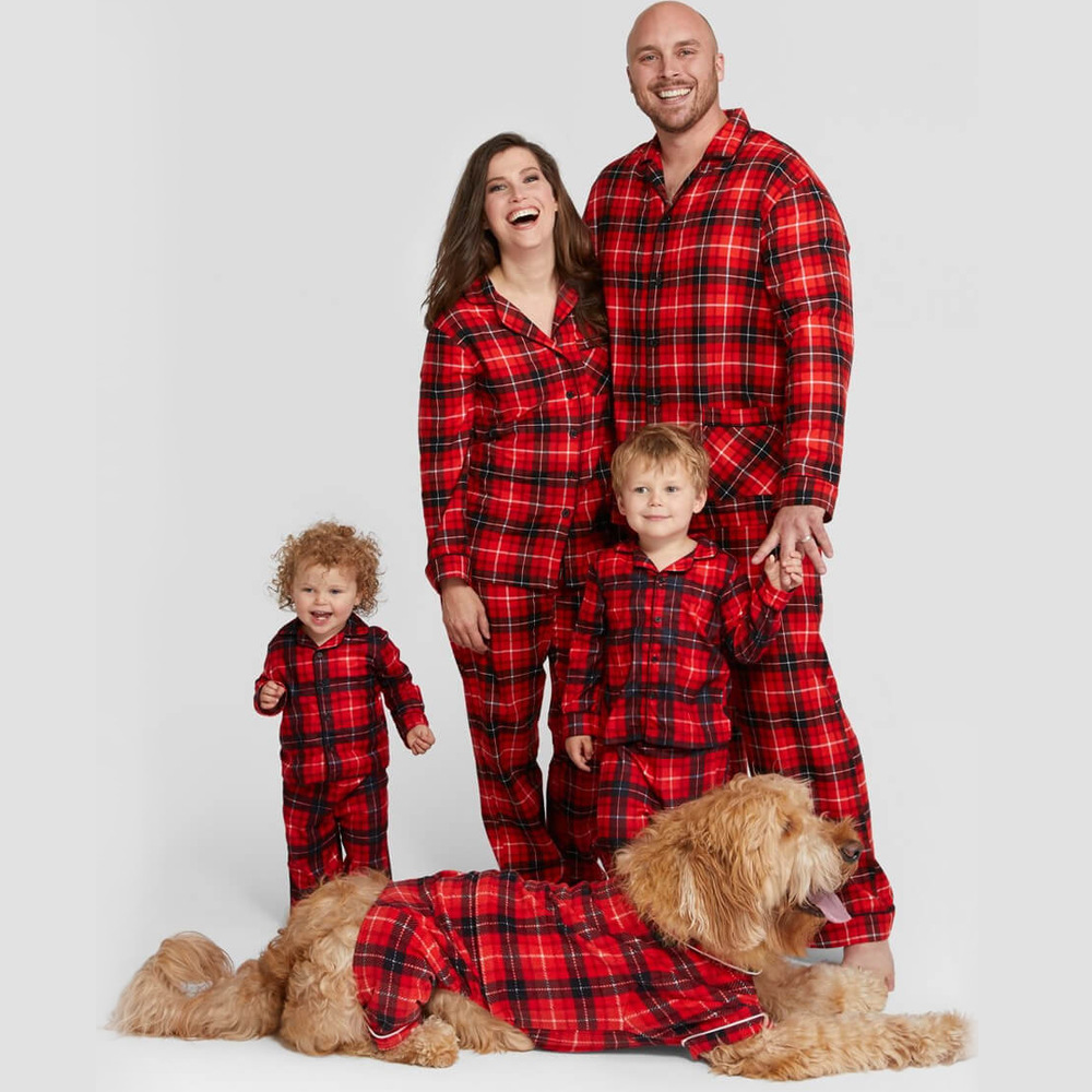 Drune | Weihnachtsfamilien-Matching Rote Karierte Knopf-Oben Langarm Pyjama Sets Mit Hund