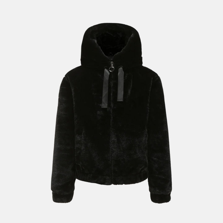 Drune | Kurzmantel Lockere Passform Flauschiger Sherpa Look Kapuze Elastische Bündchen