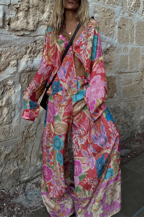 Drune | Rosiedress Langarm Bluse mit Knopfleiste und Weite Hosen Blumenmuster Set