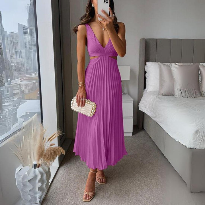 Drune | Midi Kleid Ärmellos V-ausschnitt Twist Front & Cut Out Detail Plissierter Rock