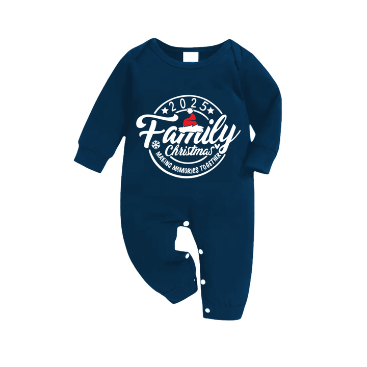 Drune | "2025 Familie Weihnachten Erinnerungen zusammen machen" Text Ring Muster - Blau Langarmshirt mit blauen Karomuster Familien-Matching-Pyjamas