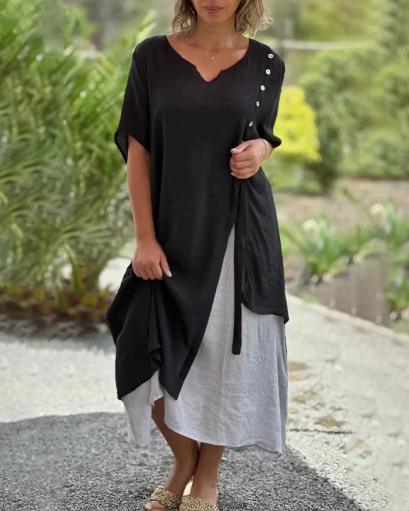 Drune | Asymmetrisches Kleid mit kurzen Ärmeln und V-Ausschnitt