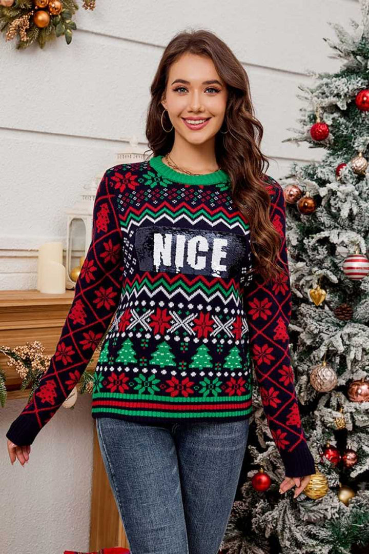 Drune | Pailletten bestickter Weihnachts-Jacquard-Strickpullover
