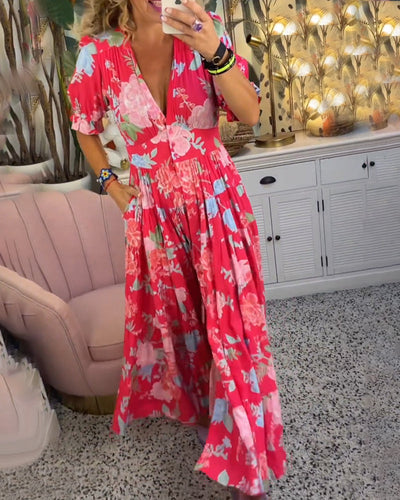 Drune Kleid | Trendiges langes Blumenkleid mit V-Ausschnitt und kurzen Ärmeln für Damen