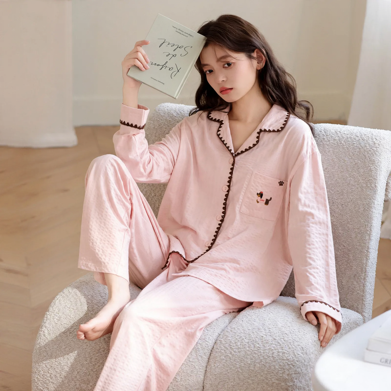 Damen-Pyjama-Set, Langarm, Baumwolle, Knopfleiste