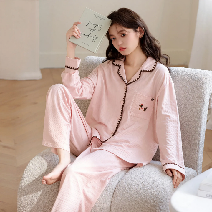Damen-Pyjama-Set, Langarm, Baumwolle, Knopfleiste