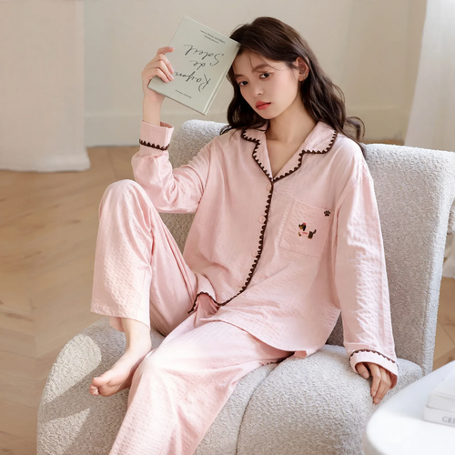 Damen-Pyjama-Set, Langarm, Baumwolle, Knopfleiste