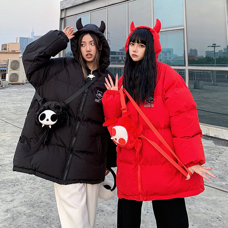Oversize Damen-Steppjacke mit Kapuze und Cartoon-Motiv