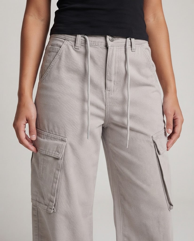 Damen Weite Cargo-Palazzo-Hose aus Soft-Denim mit Tunnelzugbund und übergroßen Klappentaschen Drune