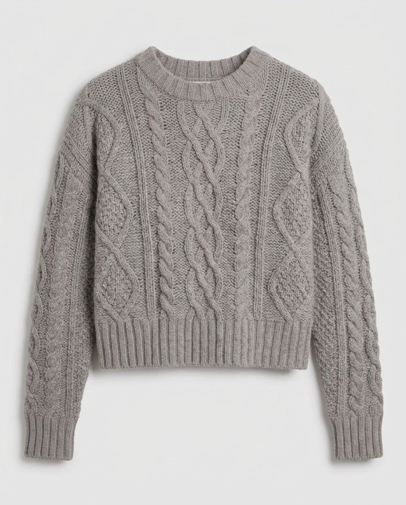 Damen Kaschmir‑Optik Zopfstrick‑Pullover mit Cropped‑Saum und voluminösen Ärmeln Drune