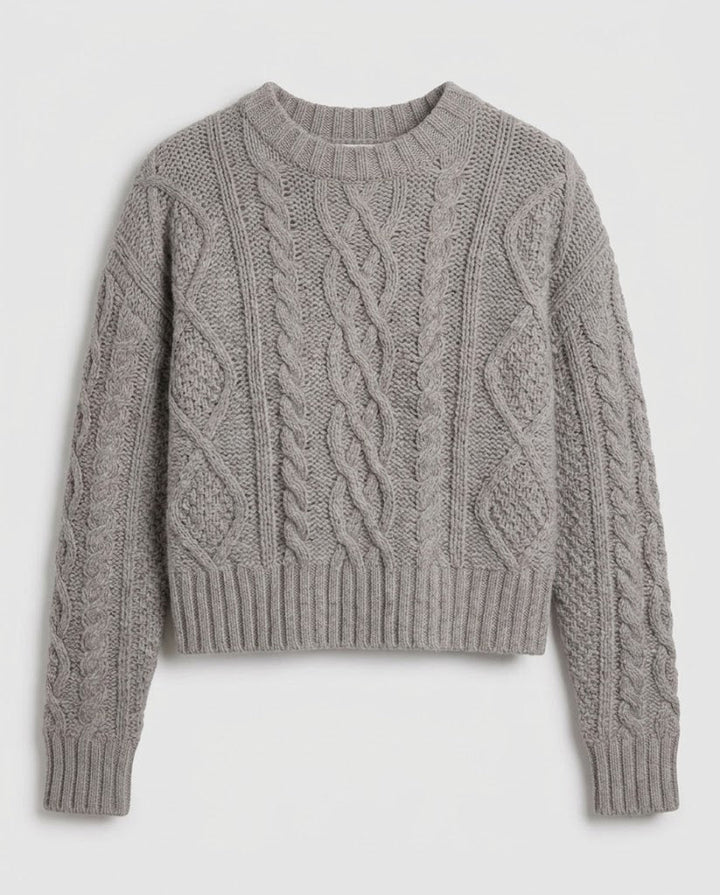 Damen Kaschmir‑Optik Zopfstrick‑Pullover mit Cropped‑Saum und voluminösen Ärmeln Drune
