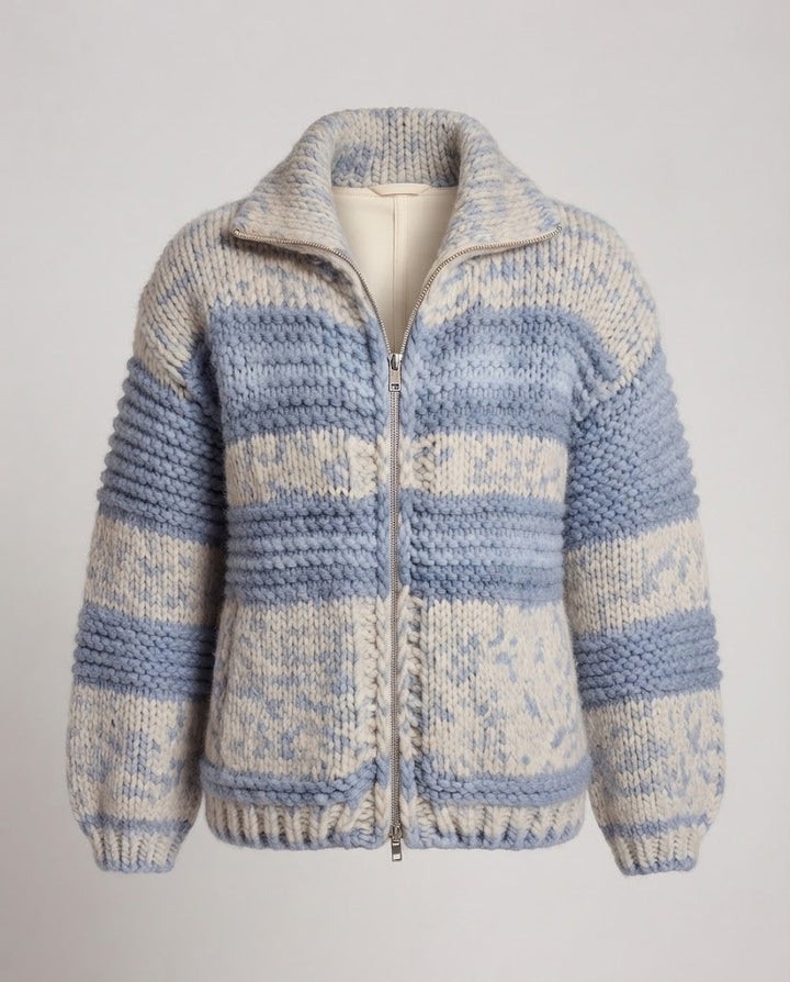 Damen Oversize Grobstrick-Pullover mit Blockstreifen und Stehkragen Drune