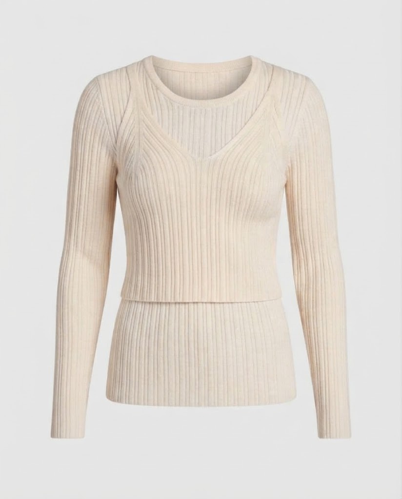 Damen Lagen-Look geripptes Feinstrick-Longsleeve mit integriertem Spaghettiträger-Cami Drune