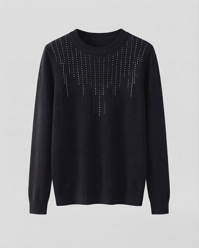 Damen Feiner Rundhalspullover mit funkelnder Strass‑Cascade und kaschmirähnlicher Haptik Drune