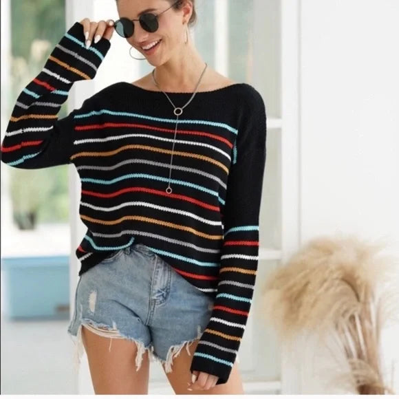 Drune | gestreifter V-Ausschnitt-Strickpullover für den Lagenlook im Herbst