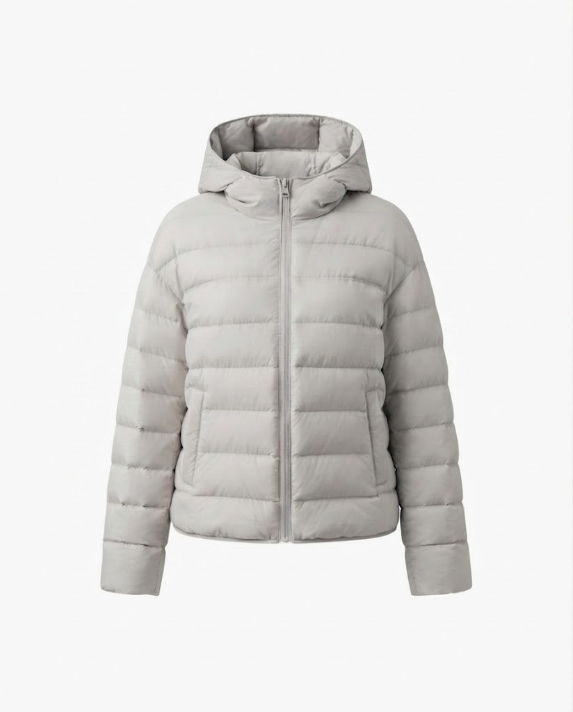 Damen nan minimalistischer kurzer thermo gesteppter Jacke mit ergonomischer Kapuze, maßgeschneidertem Nahtdesign und winddichtem Außenmaterial