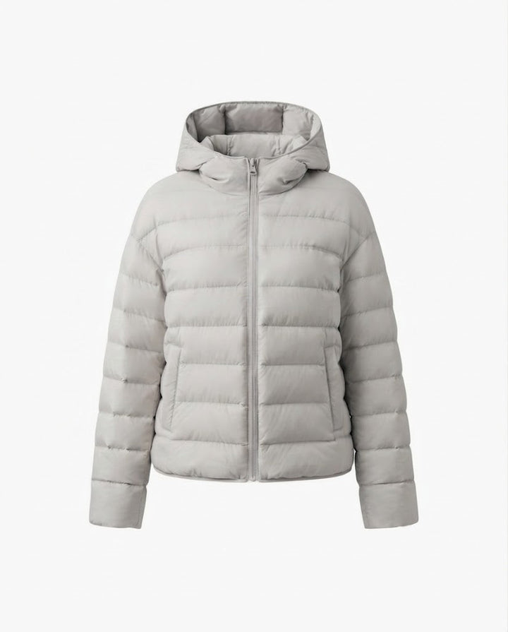 Damen nan minimalistischer kurzer thermo gesteppter Jacke mit ergonomischer Kapuze, maßgeschneidertem Nahtdesign und winddichtem Außenmaterial