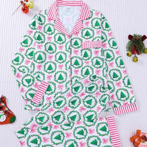 Damen-Pyjama-Set, gestreift, Weihnachtsbaum-Druck, Reverskragen