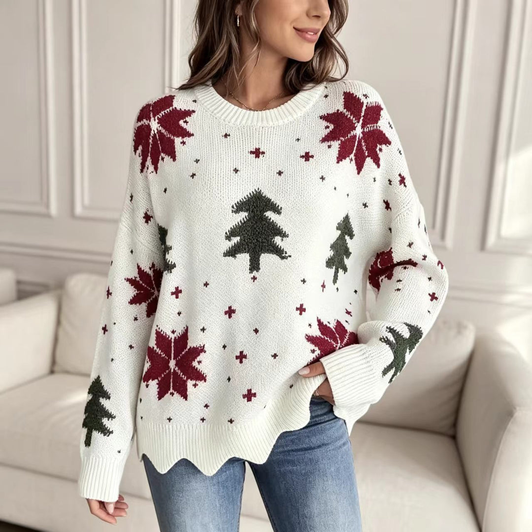 Damen-Strickpullover mit Rundhalsausschnitt und Blumenmuster