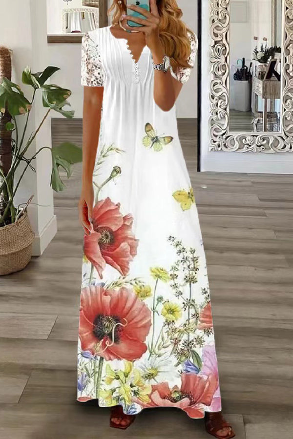 Drune | Boho Floral V-Ausschnitt Knopf Spitzenärmel Ferien Strand Maxikleid