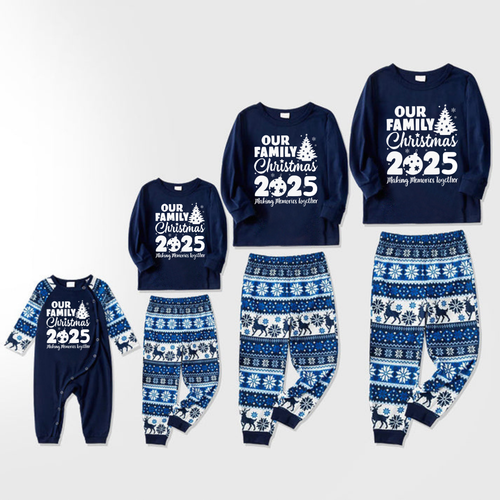 Drune | Unsere Familie Weihnachten 2025 Gemeinsam Erinnerungen Schaffen' Buchstaben Druck Blaue Lange Ärmel Mit Blauen Floral Hosen Familien Passende Schlafanzüge Sets