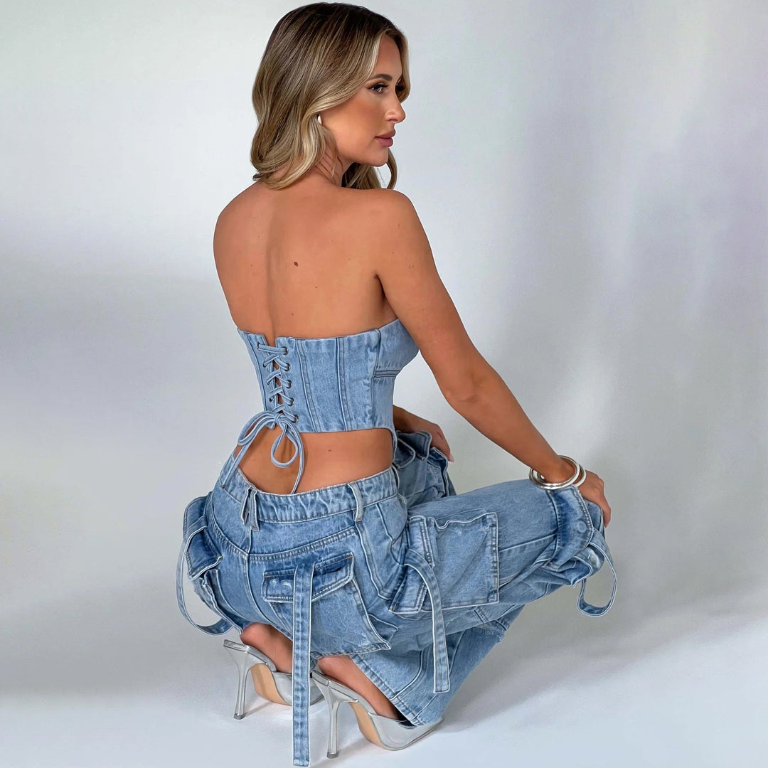 Drune | Denim-Anzüge Sommer Sexy Rückenausschnitt Tube Top und Mehrfach-Taschen Gerade Hosen Mode Lange Hosen Anzug Damenbekleidung