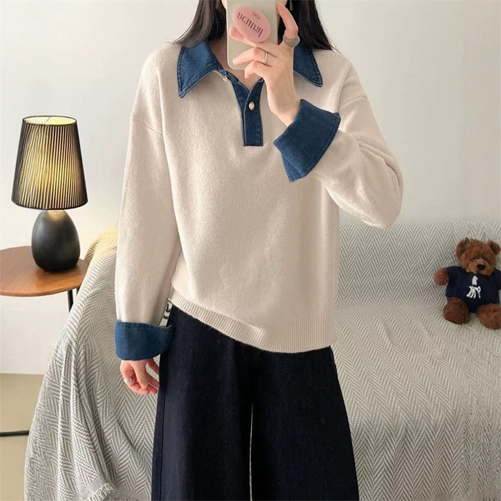 Damen-Strickpullover mit Polo-Kragen und Jeans-Ärmeln
