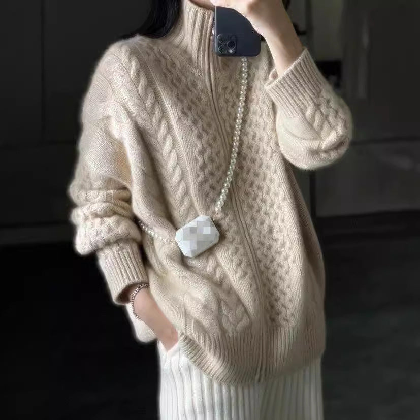 Damen-Wollstrickjacke, hochgeschlossen, mit Reißverschluss, Zopfmuster