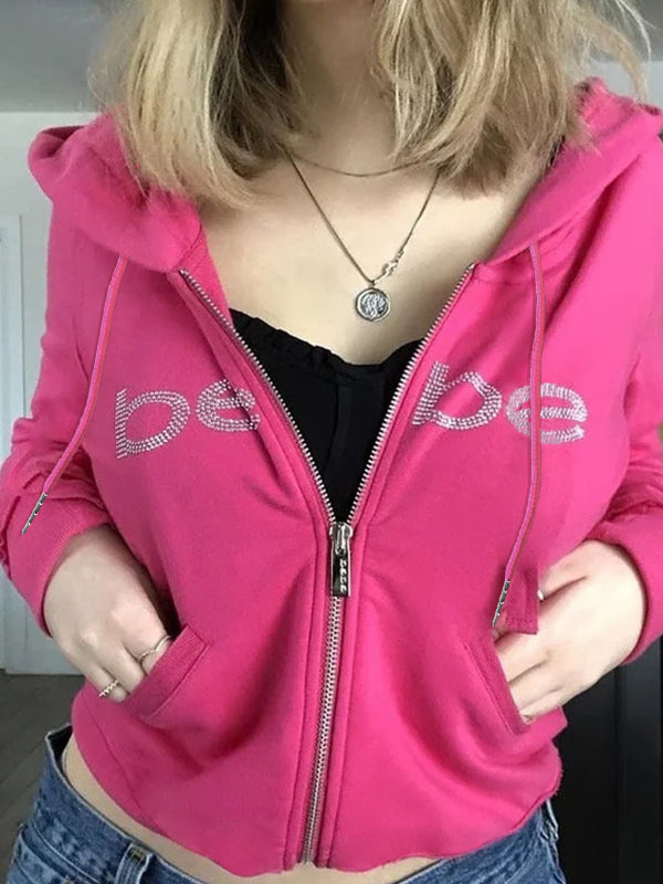Drune | Barbie rosa Buchstaben Strassdruck Hoodie mit Reißverschluss