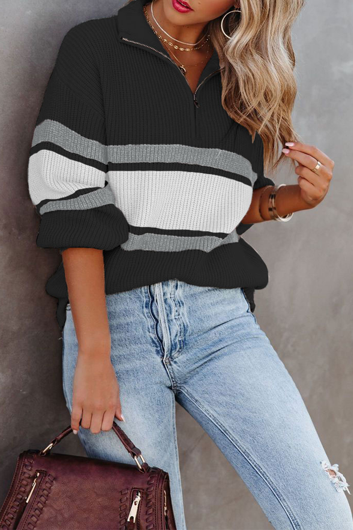 Drune | Cozy, casual knit sweater with zipper and patchwork collar