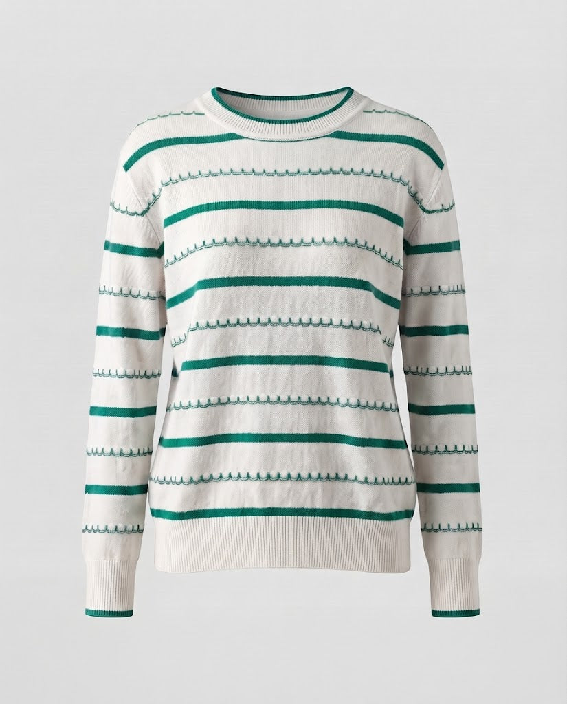 Damen Gestreifter Feinstrickpullover mit Ziernaht und Rundhalsausschnitt Drune