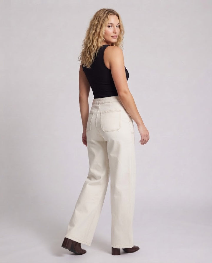 Damen weite hochtaillierte Denim-Hose mit extra weitem Bein und aufgesetzten Taschen Drune
