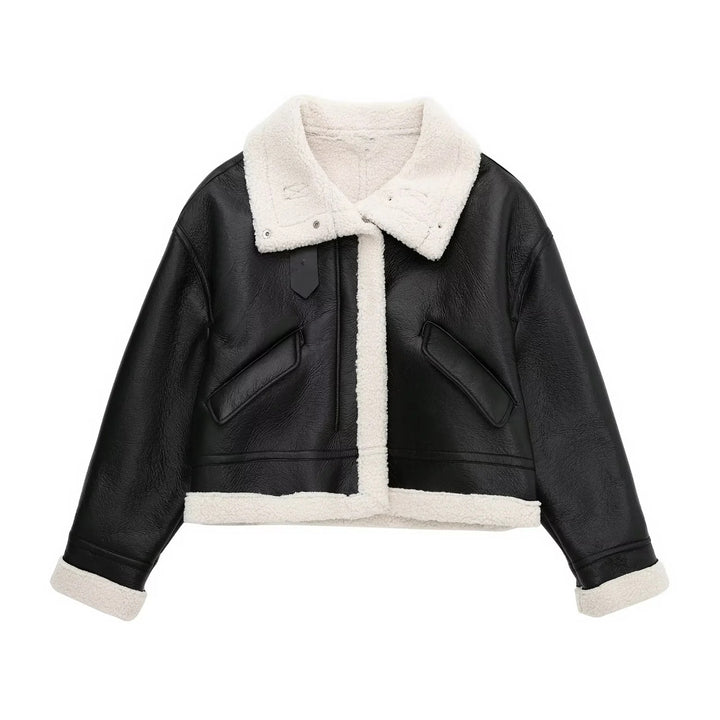 Gefütterte Kunstlederjacke mit Lammfell-Optik und Schnürung