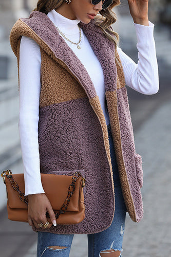 Drune | Ärmelloser Colorblock-Taschenloser Mid-Length Cardigan Puff-Velours-Jacke