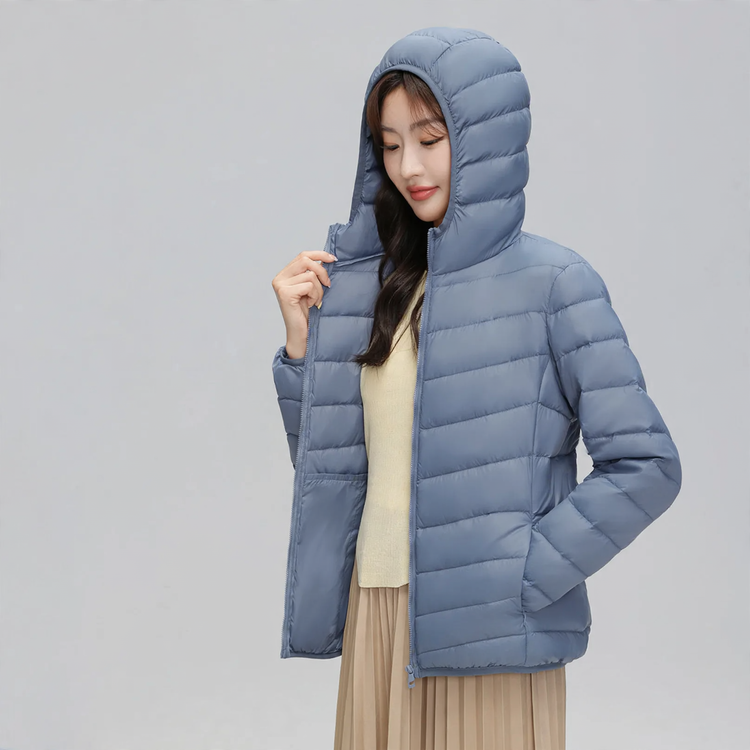 Leichte Damen-Daunenjacke mit Kapuze, wasserabweisend