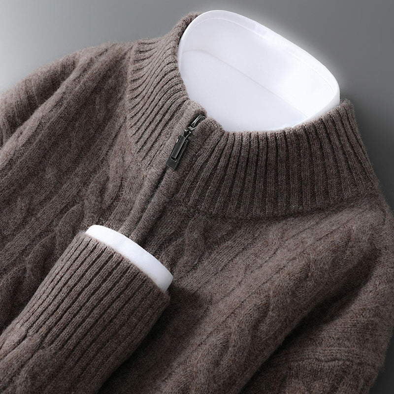 Herren-Wollpullover, 100% Wolle, Reißverschluss, Zopfmuster