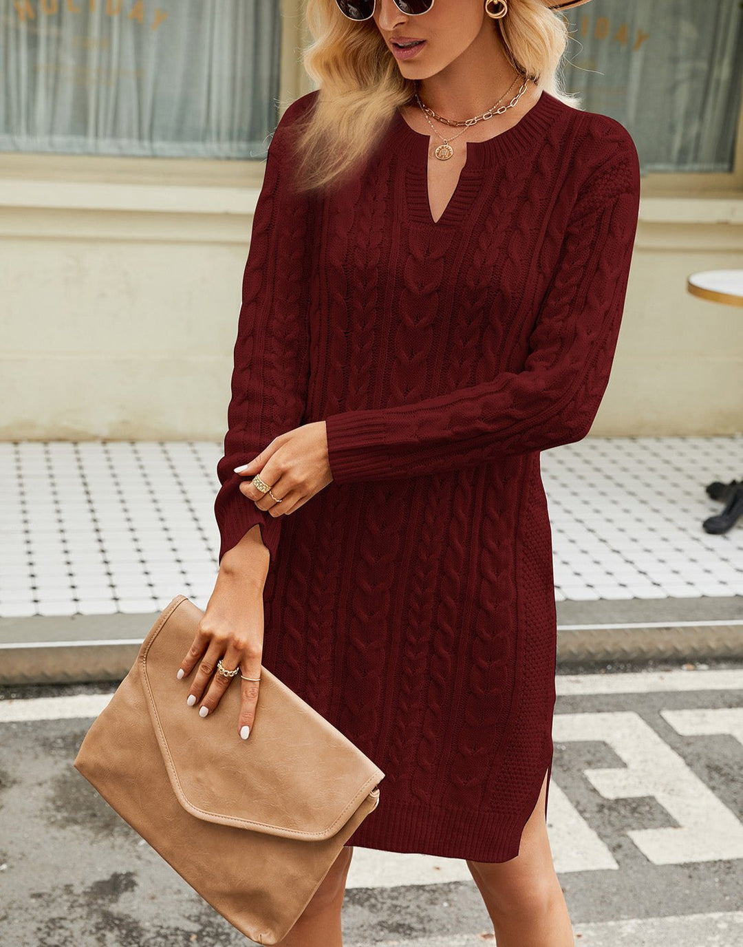 Drune | Schicke Herbst-Kabel-Strickkleid mit Ausschnitt für Frauen