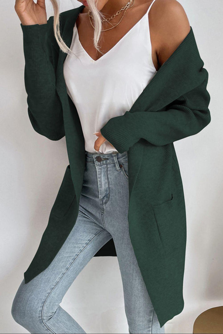 Drune | geripptes offen-front Cardigan mit Kapuze und Taschen