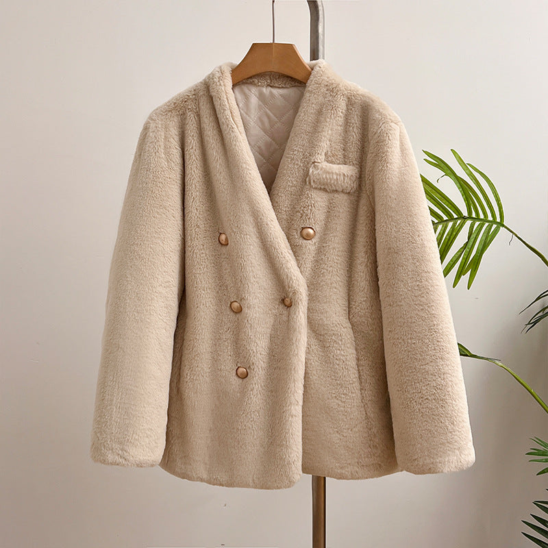 Damen-Plüschjacke mit V-Ausschnitt, warm und winddicht