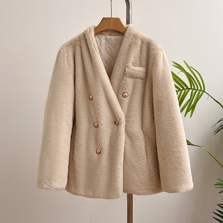 Damen-Plüschjacke mit V-Ausschnitt, warm und winddicht