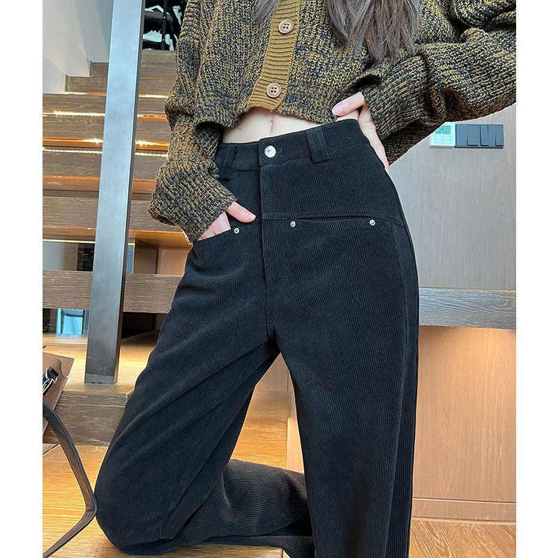 Schwarze Damen-Cordhose, hoch geschnitten